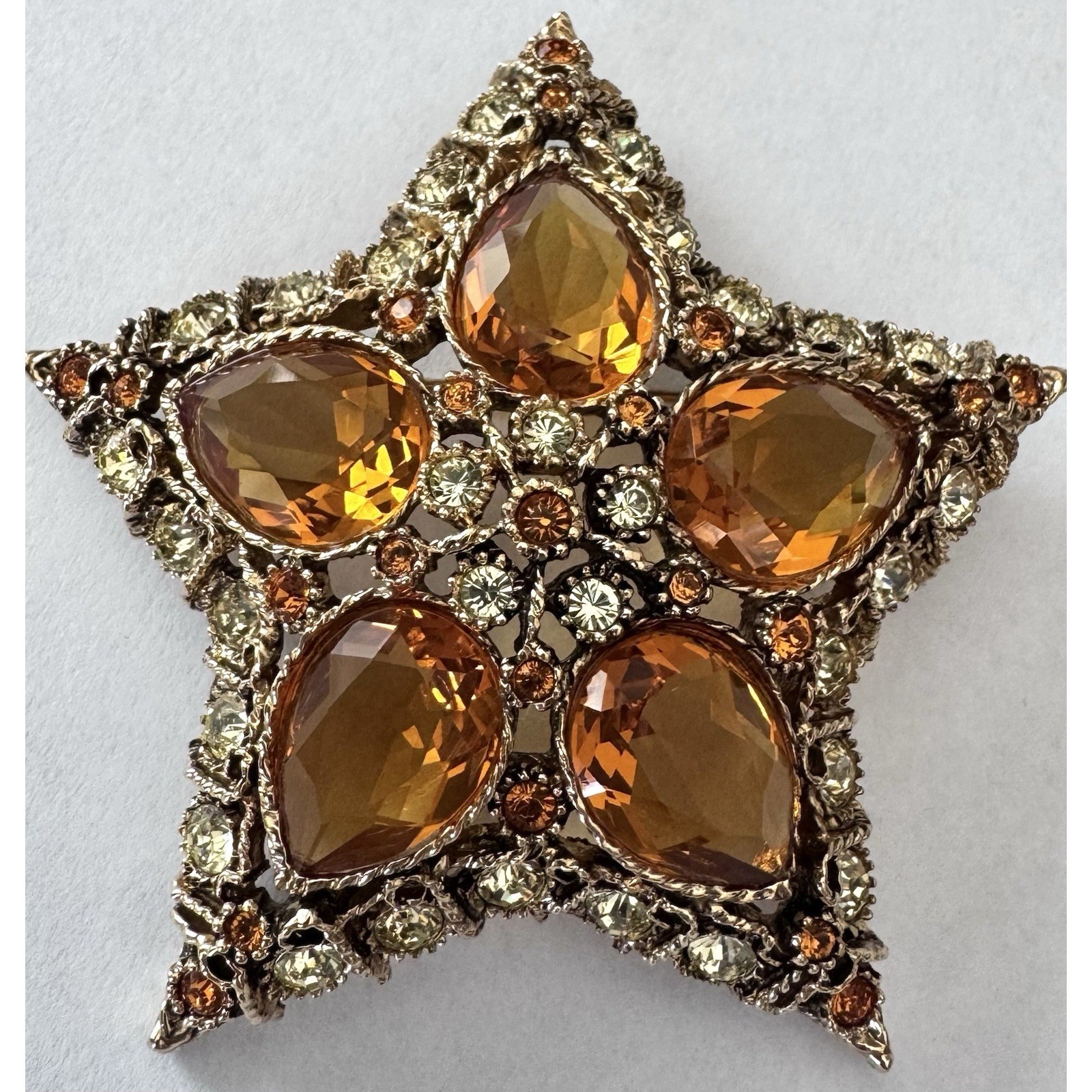 Kjl Kenneth Jay Lane Star Brooch Citrine Topaz Rhinestone Gold Tone Pin